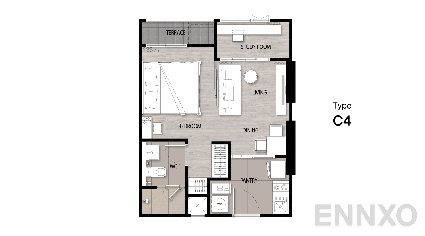 รูปแปลนห้อง Type C4 ของโครงการ Niche Mono Sukhumvit - Bearing