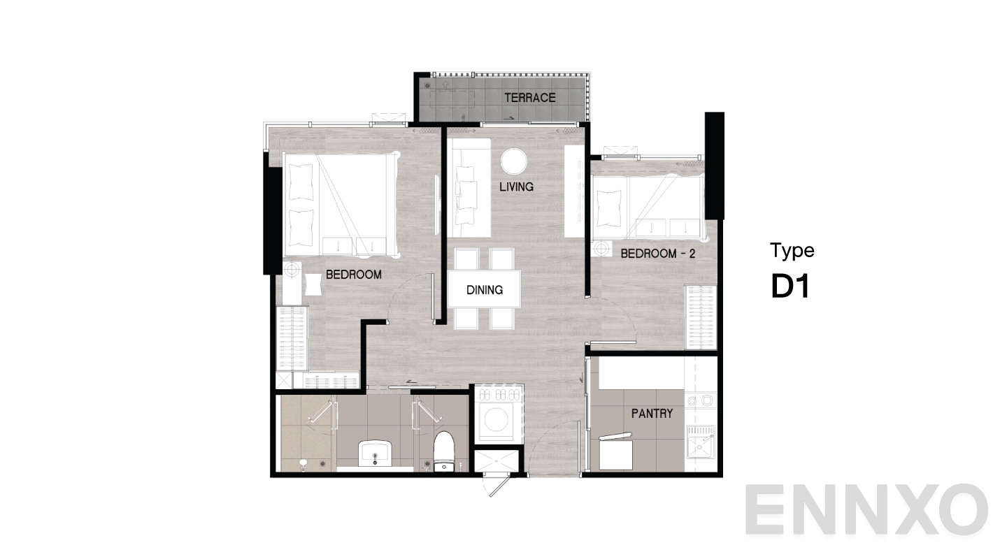 รูปแปลนห้อง Type D1 ของโครงการ Niche Mono Sukhumvit - Bearing
