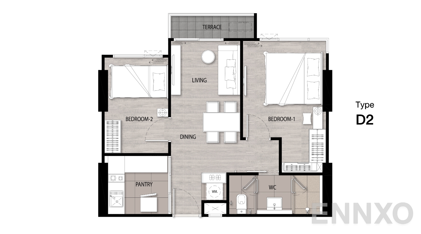รูปแปลนห้อง Type D2 ของโครงการ Niche Mono Sukhumvit - Bearing