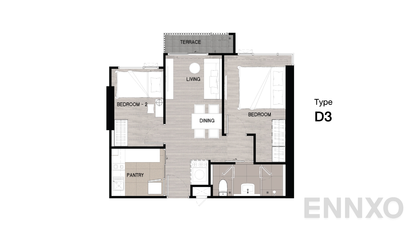 รูปแปลนห้อง Type D3 ของโครงการ Niche Mono Sukhumvit - Bearing