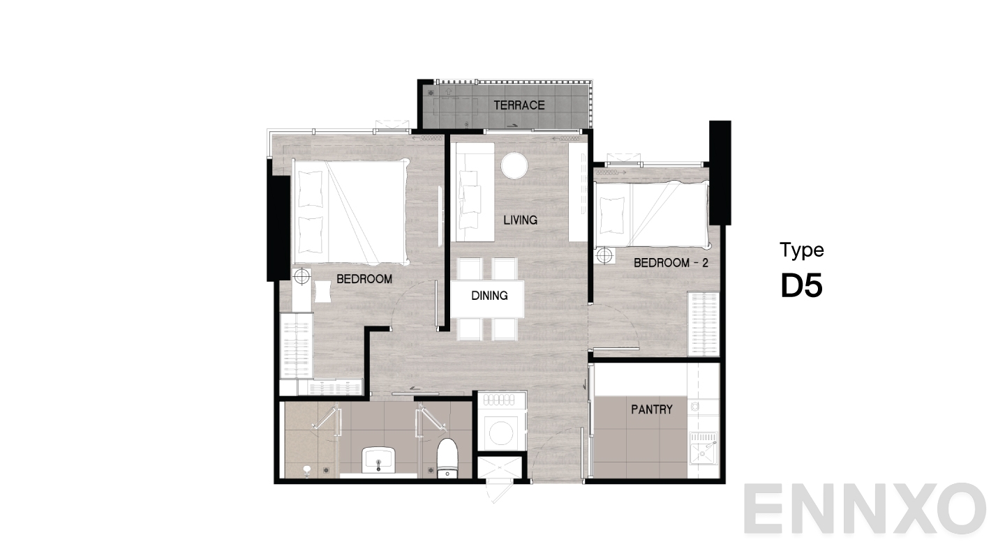 รูปแปลนห้อง Type D5 ของโครงการ Niche Mono Sukhumvit - Bearing