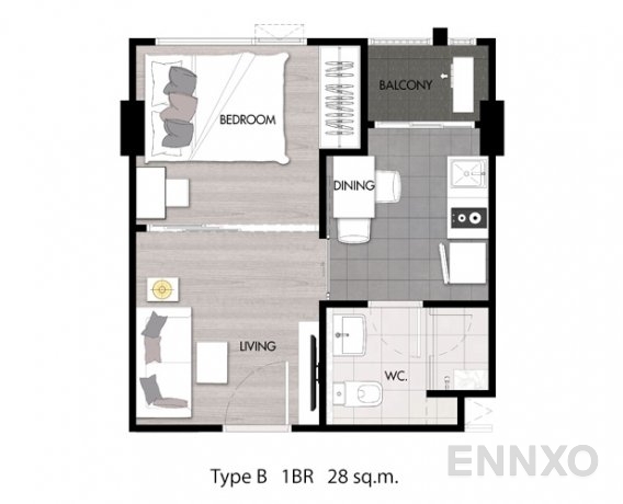 รูปแปลนห้อง Type B ของโครงการ นิช โมโน สุขุมวิท - ปู่เจ้า