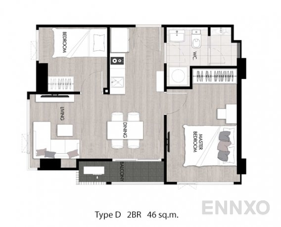 รูปแปลนห้อง Type D ของโครงการ นิช โมโน สุขุมวิท - ปู่เจ้า