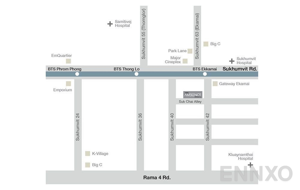 ภาพแผนที่แสดงที่ตั้งโครงการ Noble Ambience Sukhumvit 42 และสถานที่โดยรอบ