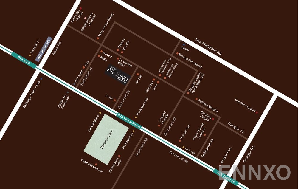 ภาพแผนที่แสดงที่ตั้งโครงการ Noble Around 33
(โนเบิล อราวน์ เทอร์ตี้ทรี) และสถานที่โดยรอบ