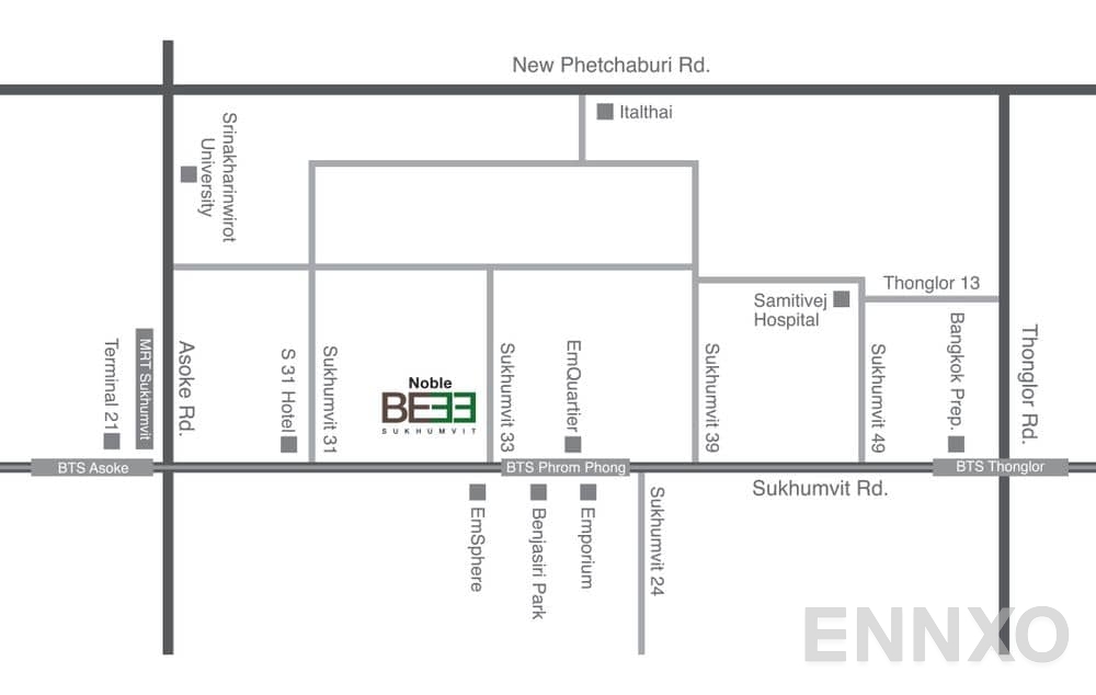 ภาพแผนที่แสดงที่ตั้งโครงการ โนเบิล บี เทอร์ตี้ทรี และสถานที่โดยรอบ