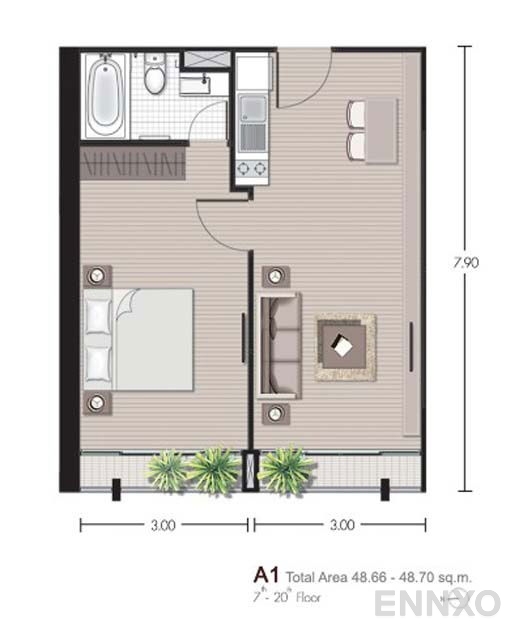 รูปแปลนห้อง 1 Bedroom A1 ของโครงการ โนเบิล รีวิล