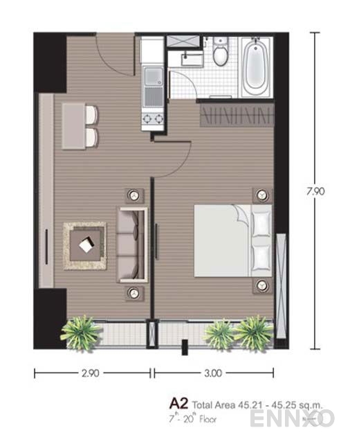 รูปแปลนห้อง 1 Bedroom A2 ของโครงการ โนเบิล รีวิล