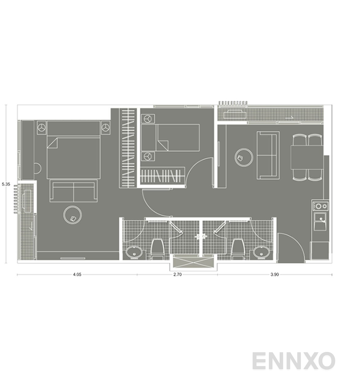 รูปแปลนห้อง 2 Bedroom ของโครงการ โนเบิล รีวอลฟ์ รัชดา 2