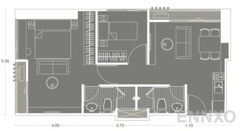 รูปแปลนห้อง 2 Bedrooms ของโครงการ โนเบิล รีวอลฟ์ รัชดา