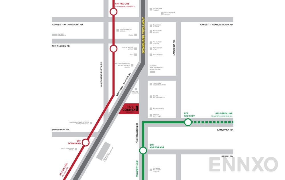 ภาพแผนที่แสดงที่ตั้งโครงการ Nue Connex Donmueang
(นิว คอนเน็กซ์ ดอนเมือง) และสถานที่โดยรอบ
