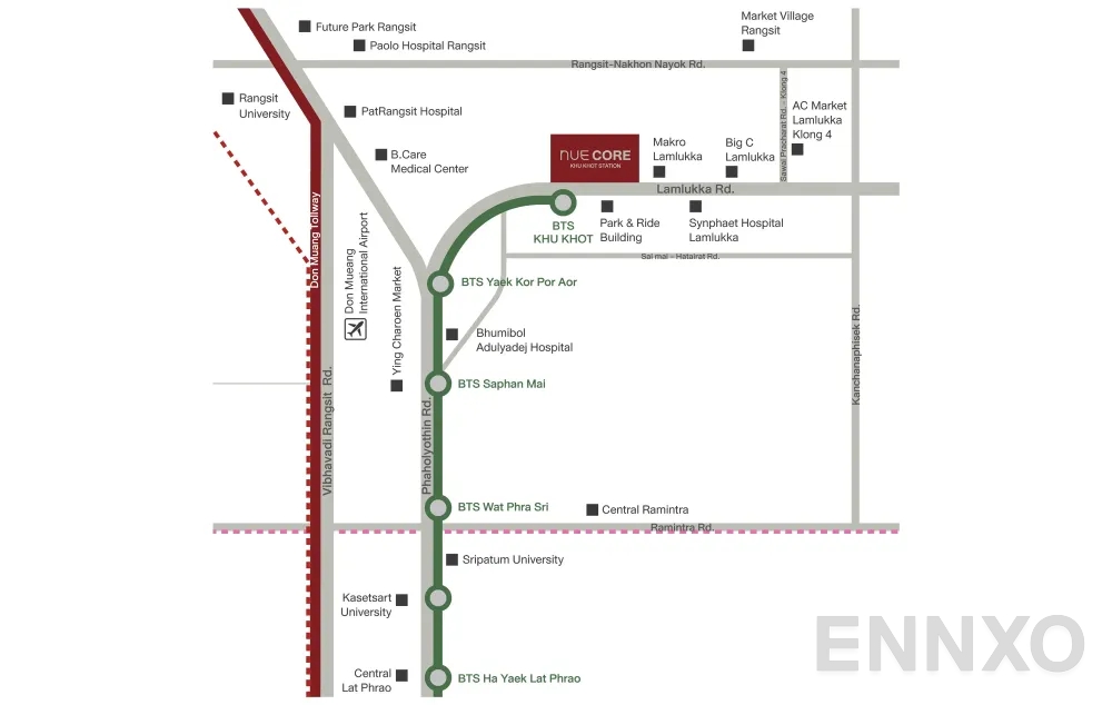 ภาพแผนที่แสดงที่ตั้งโครงการ Nue Core Khu Khot Station และสถานที่โดยรอบ