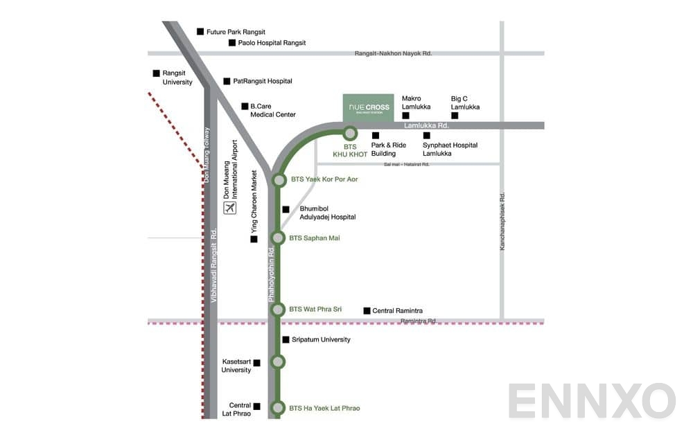ภาพแผนที่แสดงที่ตั้งโครงการ Nue Cross Khu Khot Station
(นิว ครอส คูคต สเตชัน) และสถานที่โดยรอบ
