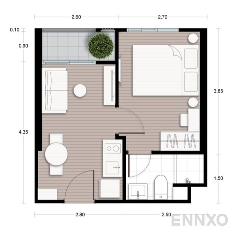 รูปแปลนห้อง 1 Bedroom M ของโครงการ Nue District R9 Rama 9