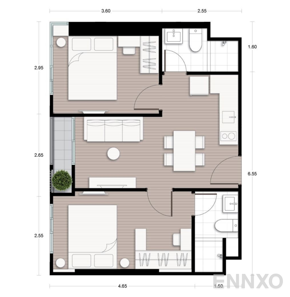 รูปแปลนห้อง 2 Bedroom ของโครงการ Nue District R9 Rama 9