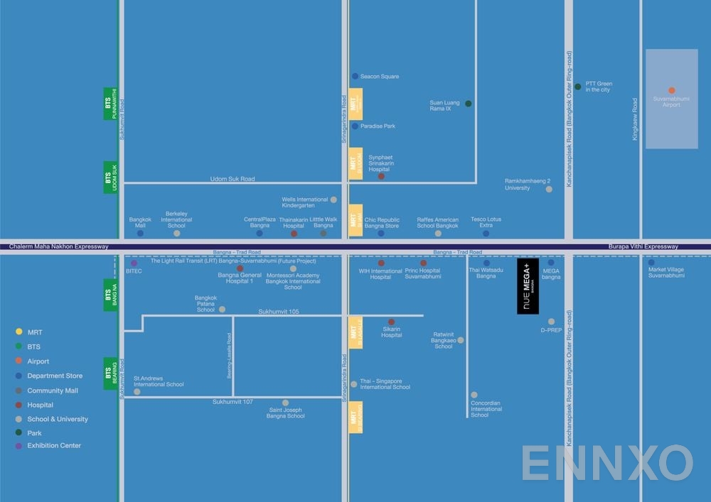 ภาพแผนที่แสดงที่ตั้งโครงการ Nue Mega Plus Bangna
(นิว เมกา พลัส บางนา) และสถานที่โดยรอบ