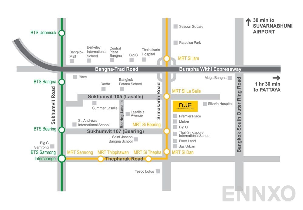 ภาพแผนที่แสดงที่ตั้งโครงการ Nue Noble Srinakarin - Lasalle
(นิว โนเบิล ศรีนครินทร์ - ลาซาล) และสถานที่โดยรอบ