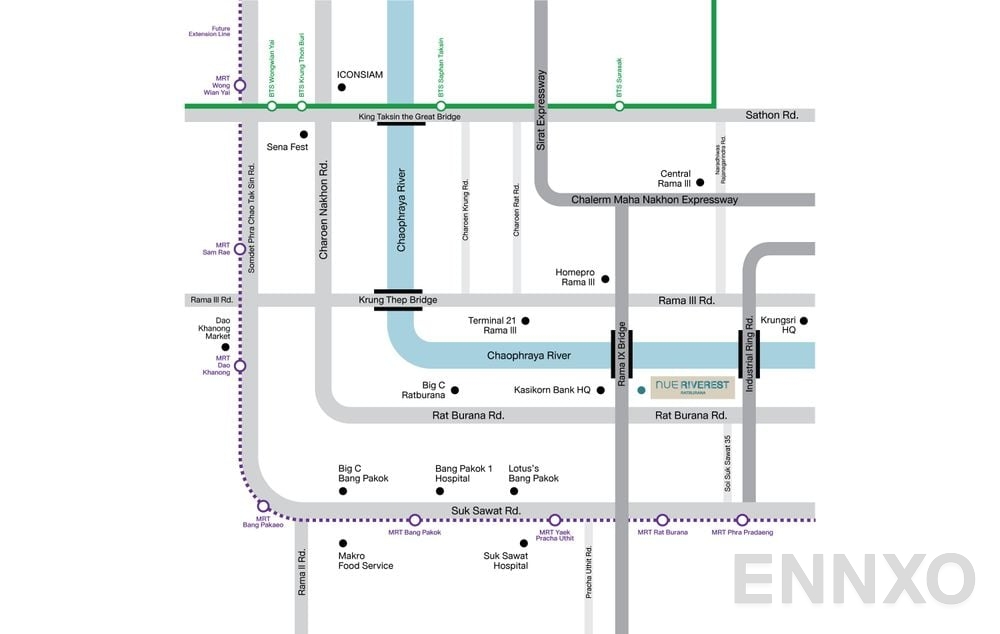 ภาพแผนที่แสดงที่ตั้งโครงการ NUE Riverest Ratburana และสถานที่โดยรอบ