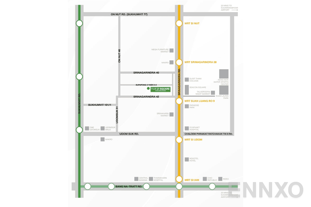 ภาพแผนที่แสดงที่ตั้งโครงการ NUE Z - SQUARE Suan Luang Station
(นิว ซี - สแควร์ สวนหลวง สเตชั่น) และสถานที่โดยรอบ