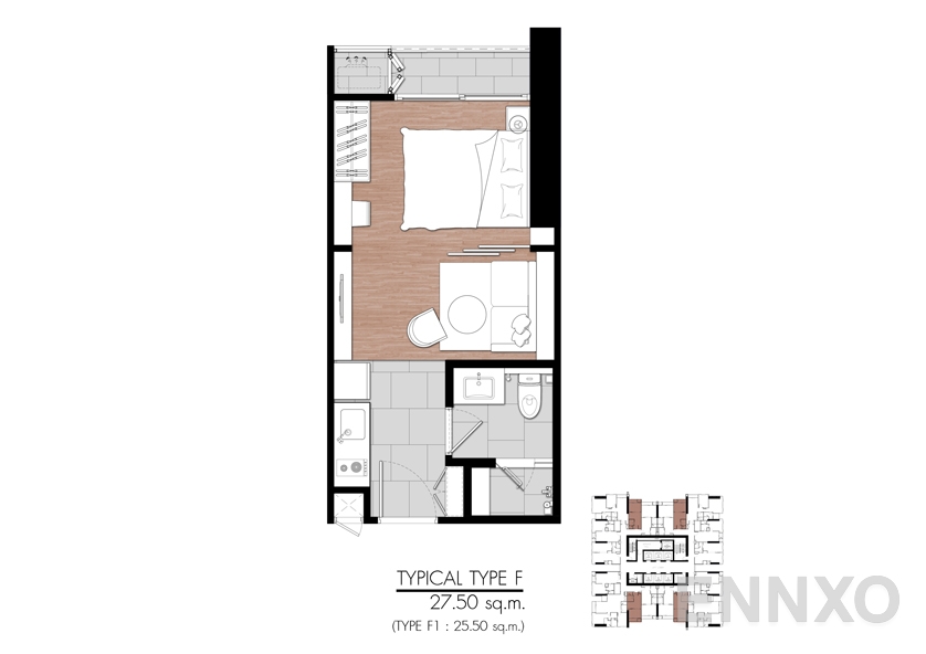 รูปแปลนห้อง Type F ของโครงการ One 9 Five Asoke - Rama 9