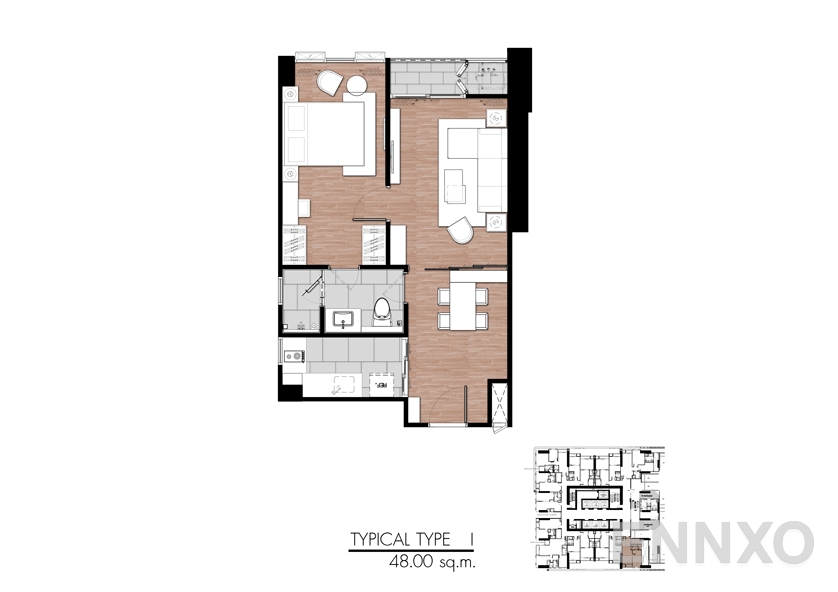 รูปแปลนห้อง Type I ของโครงการ One 9 Five Asoke - Rama 9