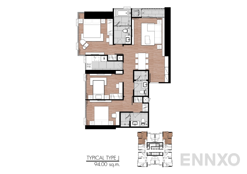 รูปแปลนห้อง Type J ของโครงการ One 9 Five Asoke - Rama 9