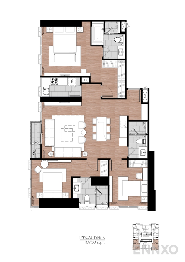 รูปแปลนห้อง Type K ของโครงการ One 9 Five Asoke - Rama 9