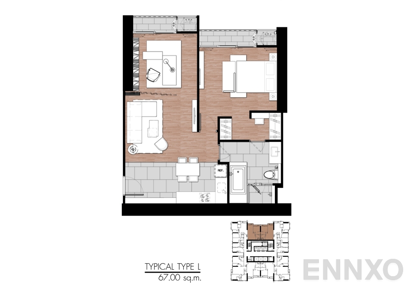 รูปแปลนห้อง Type L ของโครงการ One 9 Five Asoke - Rama 9