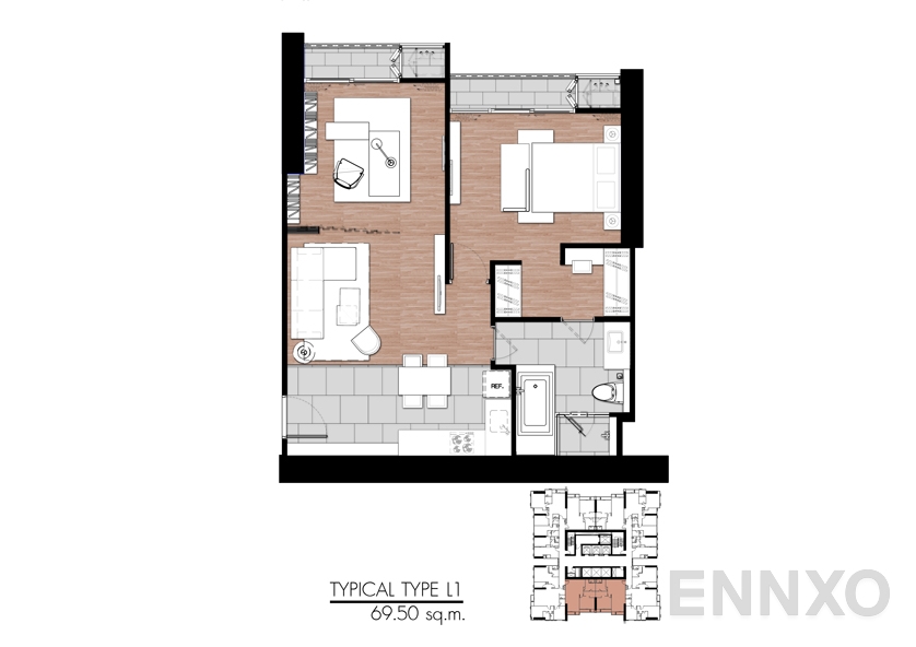 รูปแปลนห้อง Type L1 ของโครงการ One 9 Five Asoke - Rama 9