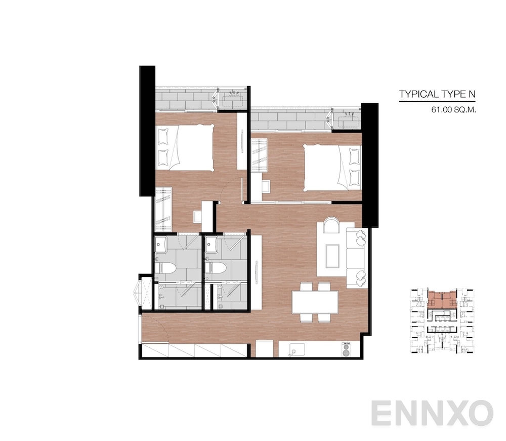 รูปแปลนห้อง Type N ของโครงการ One 9 Five Asoke - Rama 9