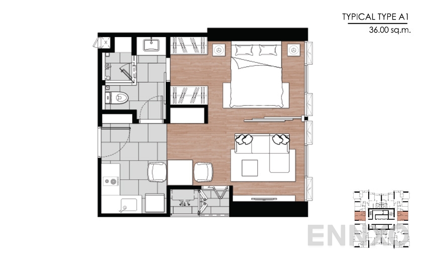 รูปแปลนห้อง Type A1 ของโครงการ One 9 Five Asoke - Rama 9