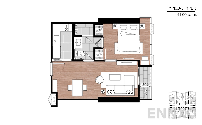 รูปแปลนห้อง Type B ของโครงการ One 9 Five Asoke - Rama 9