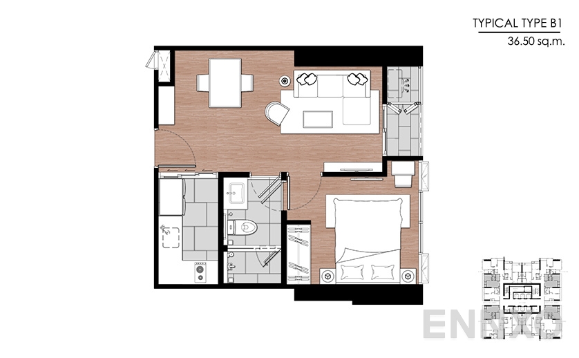 รูปแปลนห้อง Type B1 ของโครงการ One 9 Five Asoke - Rama 9