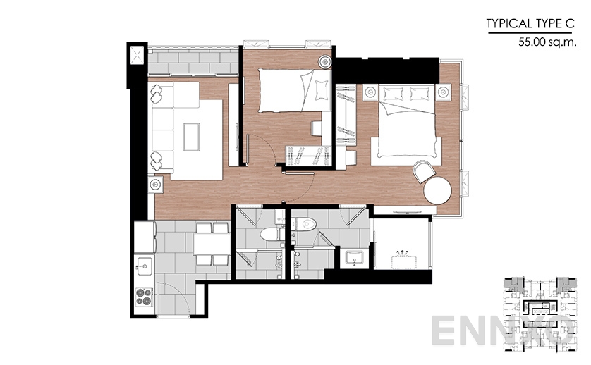 รูปแปลนห้อง Type C ของโครงการ One 9 Five Asoke - Rama 9