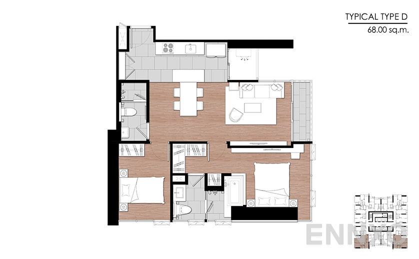 รูปแปลนห้อง Type D ของโครงการ One 9 Five Asoke - Rama 9