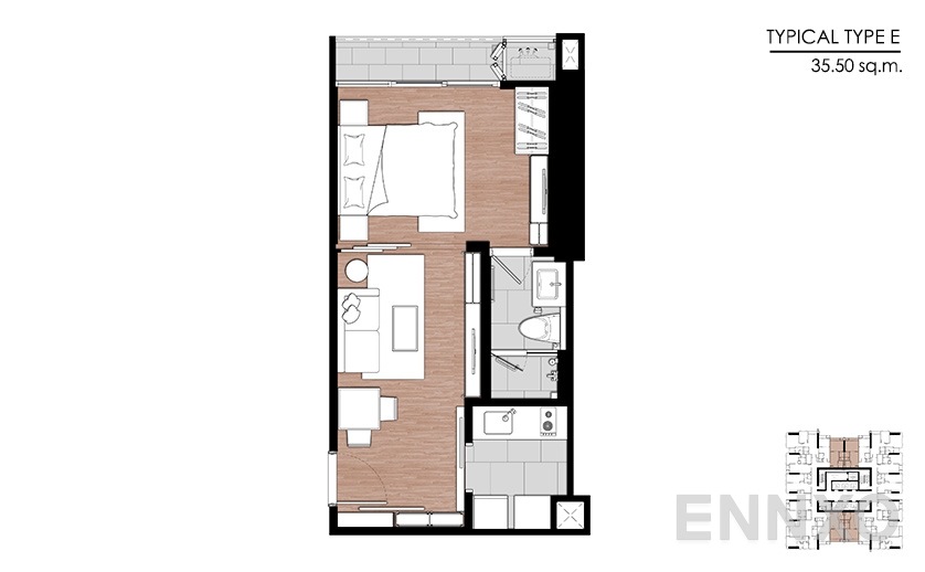 รูปแปลนห้อง Type E ของโครงการ One 9 Five Asoke - Rama 9