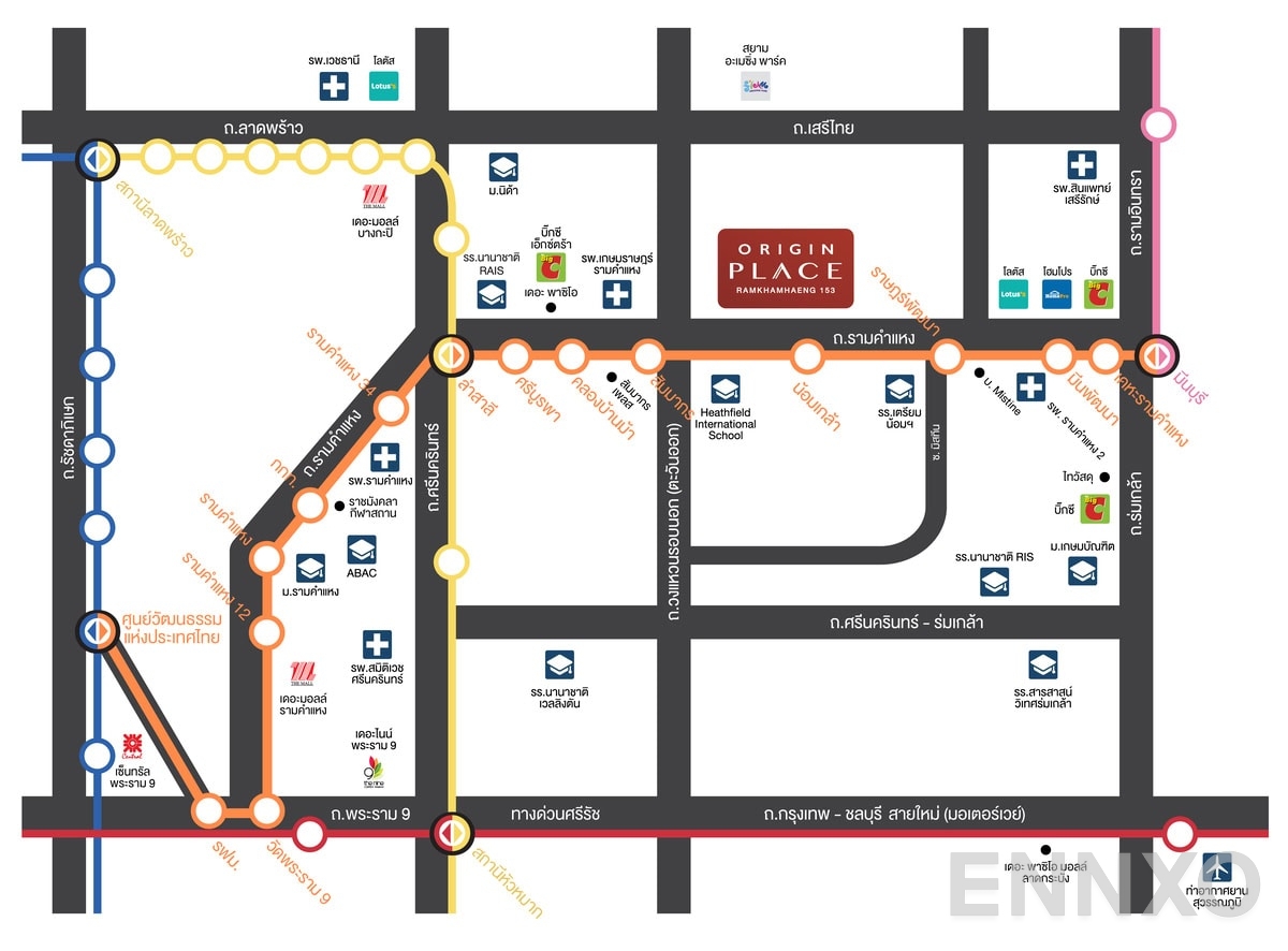 ภาพแผนที่แสดงที่ตั้งโครงการ Origin Place Ramkamhaeng 153 
(ออริจิ้น เพลส รามคำแหง 153 ) และสถานที่โดยรอบ