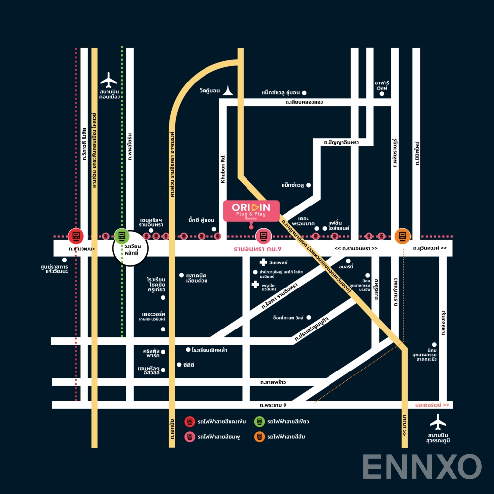 ภาพแผนที่แสดงที่ตั้งโครงการ ออริจิ้น ปลั๊ก แอนด์ เพลย์ รามอินทรา และสถานที่โดยรอบ