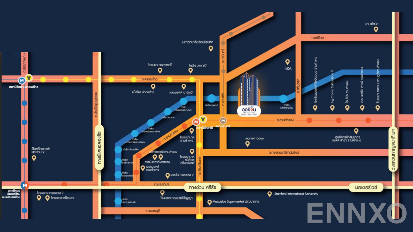 ภาพแผนที่แสดงที่ตั้งโครงการ Origin Plug & Play Ramkhamhaeng Triple Station
(ออริจิ้น ปลั๊ก แอนด์ เพลย์ รามคำแหง ทริปเปิ้ล สเตชั่น) และสถานที่โดยรอบ