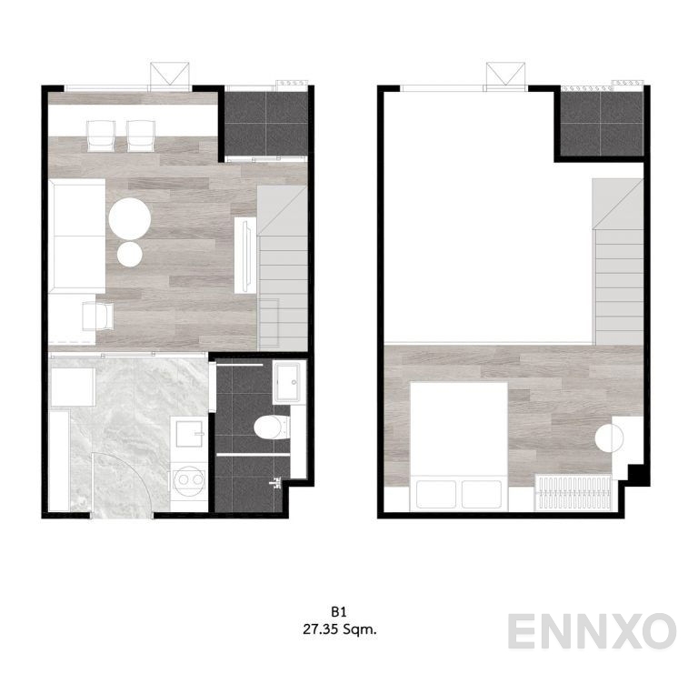 รูปแปลนห้อง 1 Bedroom ของโครงการ ออริจิ้น ปลั๊ก แอนด์ เพลย์ ศรีนครินทร์