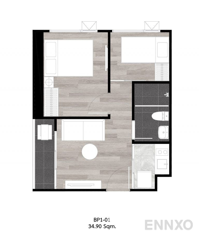 รูปแปลนห้อง 2 Bedroom ของโครงการ ออริจิ้น ปลั๊ก แอนด์ เพลย์ ศรีนครินทร์
