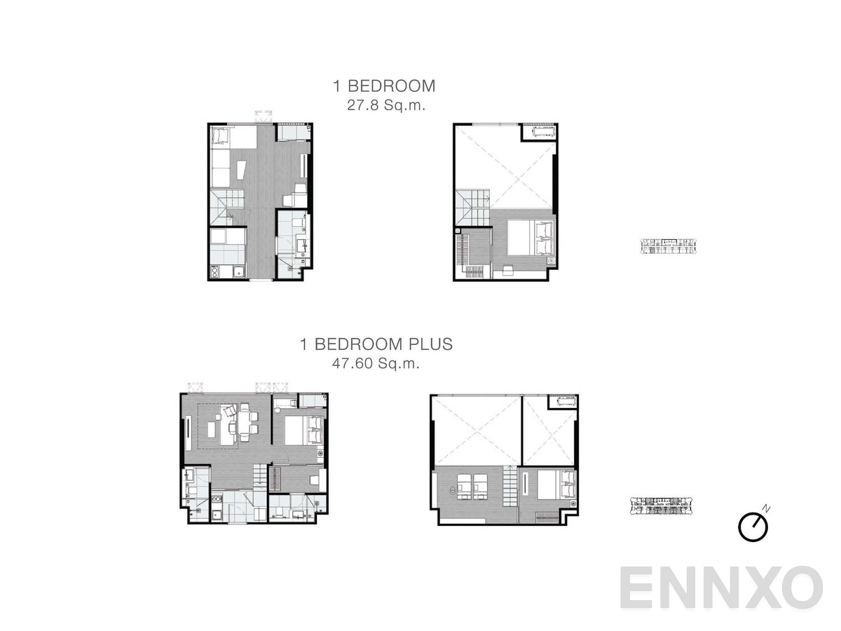 รูปแปลนห้อง 1 Bedroom (27.8 Sq.m), 1 Bedroom plus (47.6 Sq.m) ของโครงการ พาร์ค ออริจิ้น จุฬา - สามย่าน
