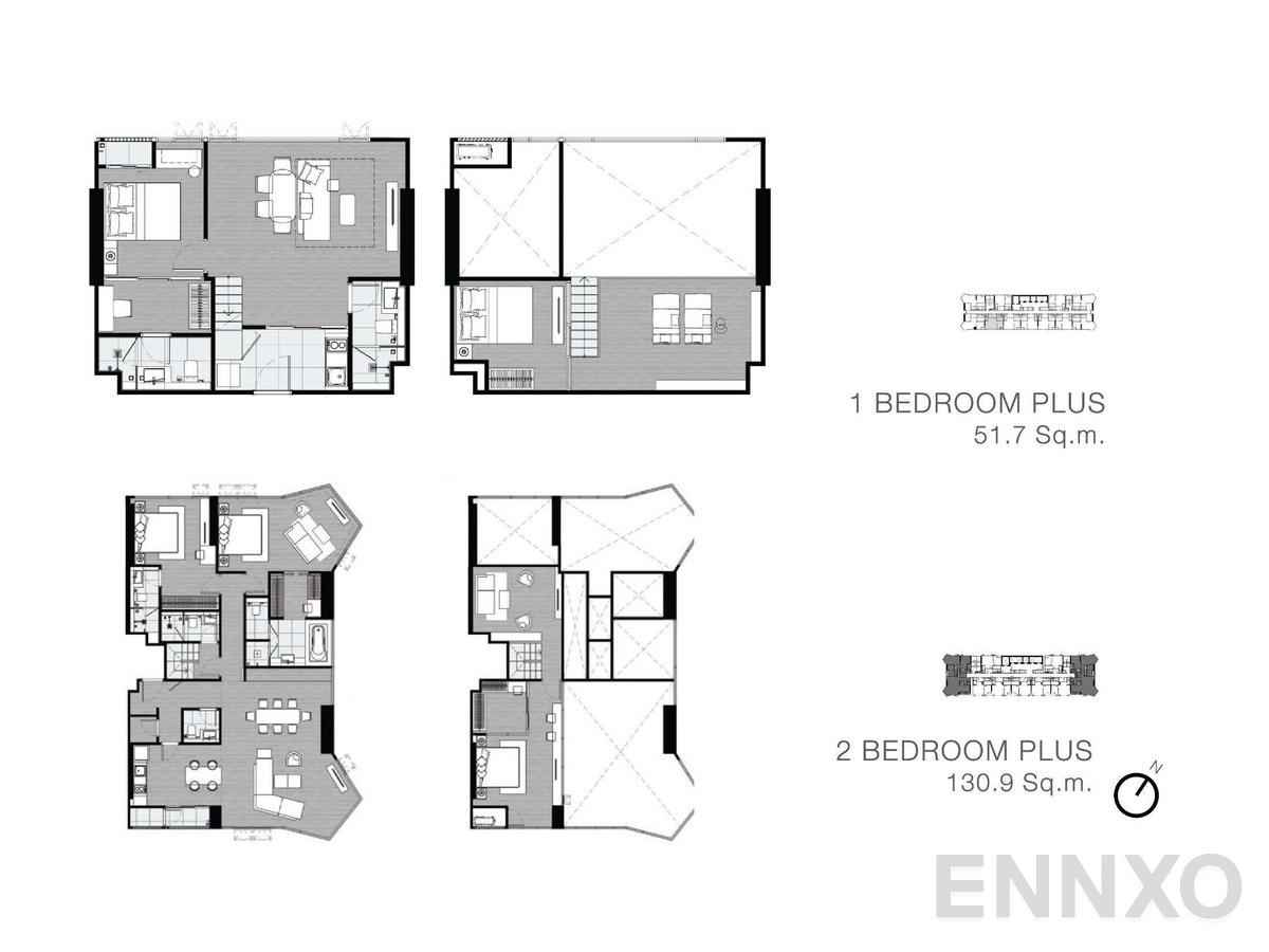 รูปแปลนห้อง 1 Bedroom plus (51.7 Sq.m), 2 Bedroom plus (130.9 Sq.m) ของโครงการ พาร์ค ออริจิ้น จุฬา - สามย่าน