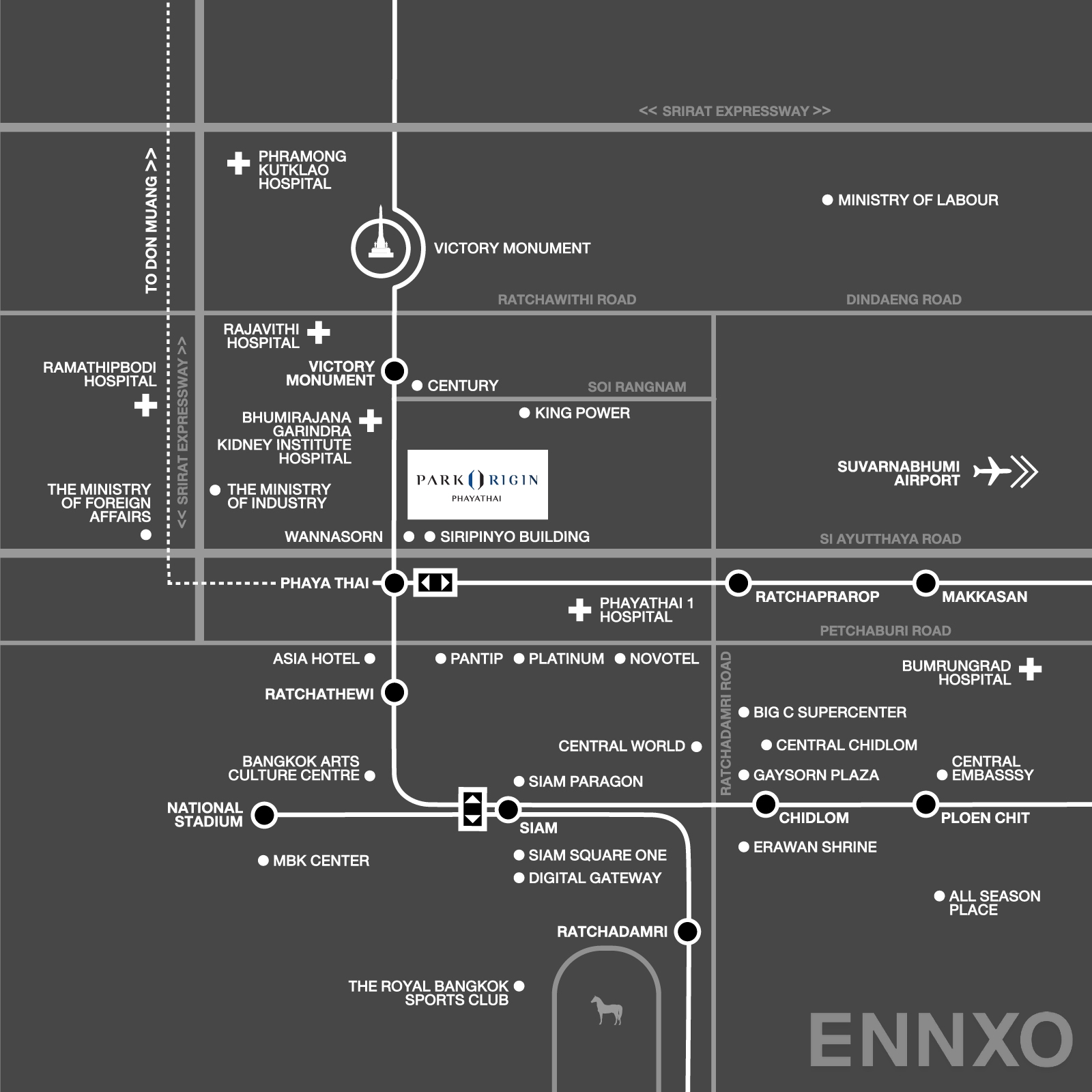ภาพแผนที่แสดงที่ตั้งโครงการ พาร์ค ออริจิ้น พญาไทย และสถานที่โดยรอบ