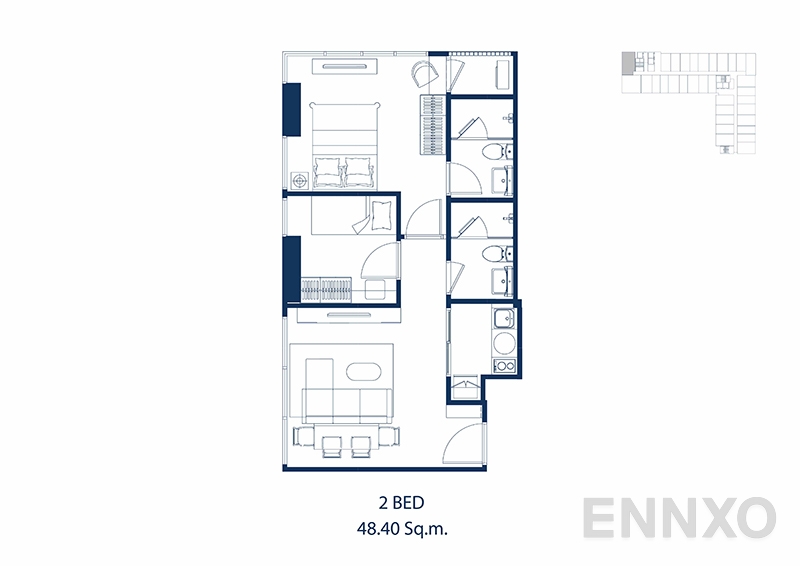 รูปแปลนห้อง 2 Bedroom (48.40 SQ.M.) ของโครงการ PARK ORIGIN PHAYATHAI