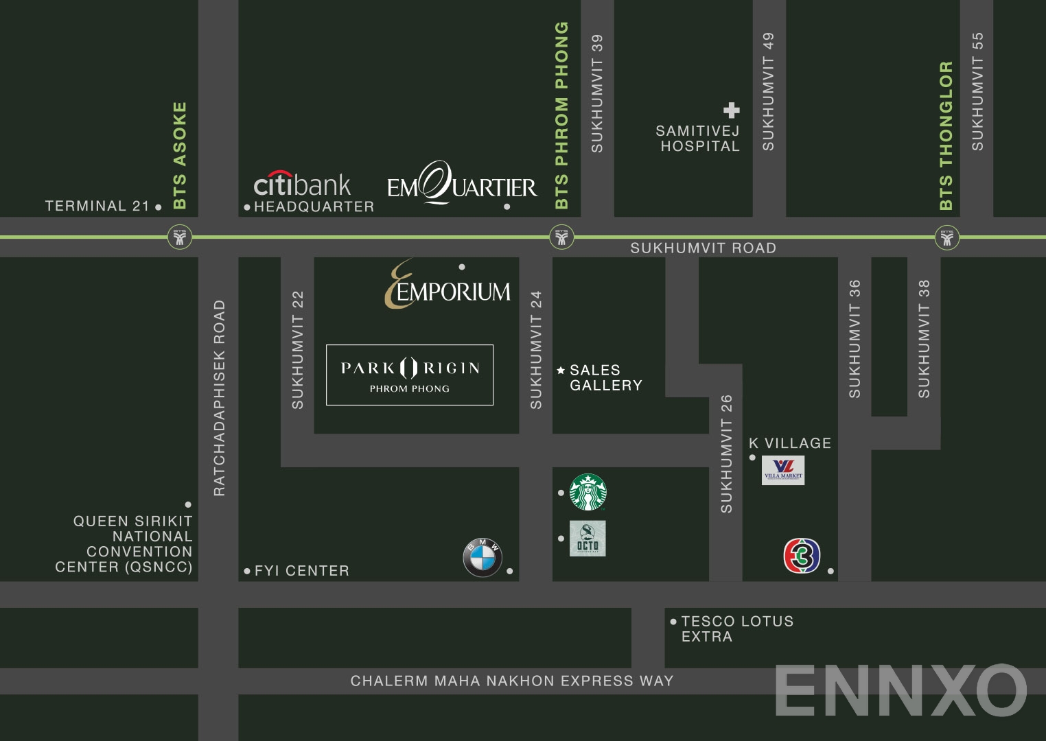 ภาพแผนที่แสดงที่ตั้งโครงการ พาร์ค ออริจิ้น พร้อมพงษ์ และสถานที่โดยรอบ