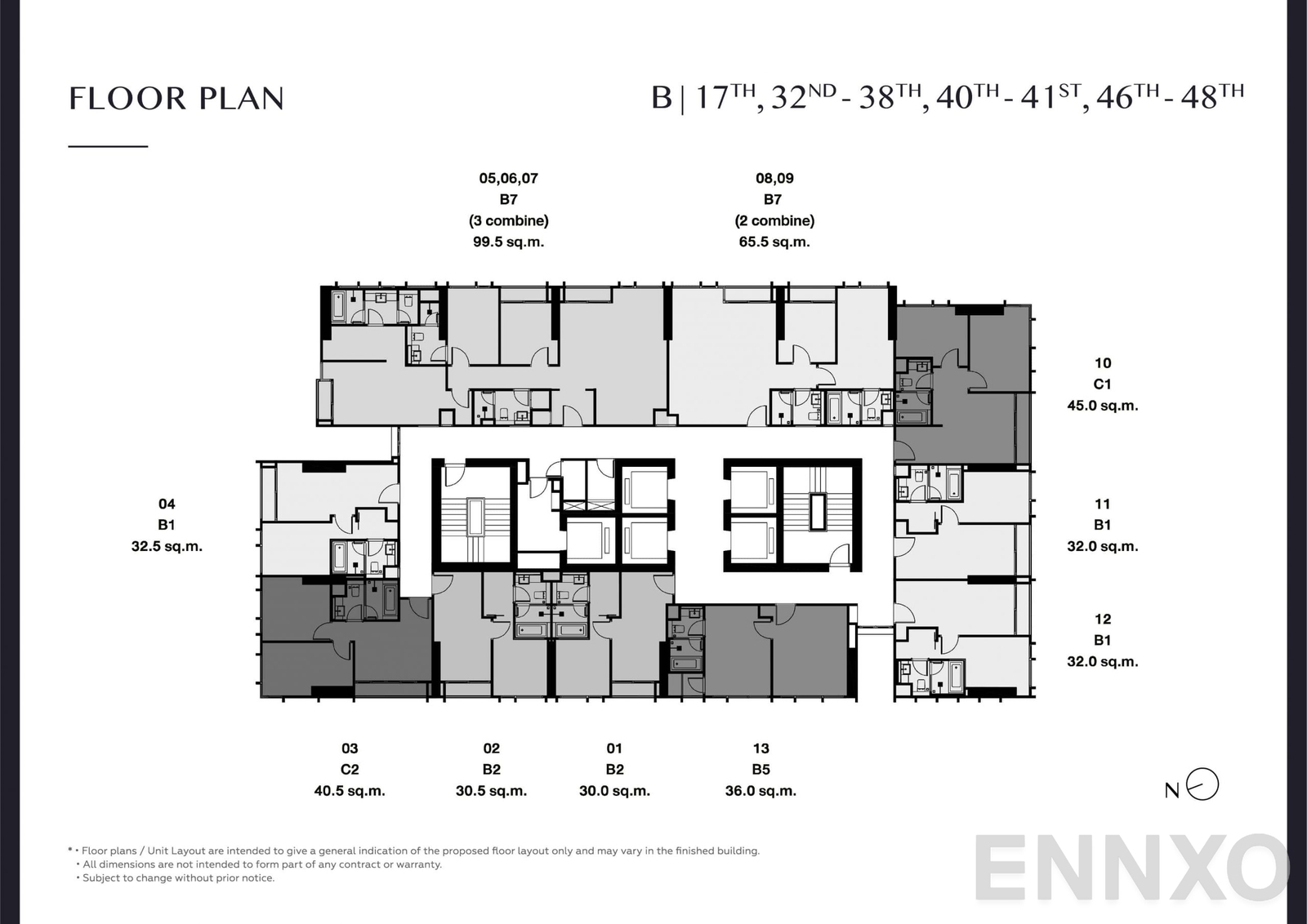 แปลนชั้น Floor Plan B 17, 32-38, 40-41, 46-48 ของโครงการ พาร์ค ออริจิ้น ทองหล่อ