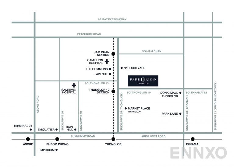 ภาพแผนที่แสดงที่ตั้งโครงการ พาร์ค ออริจิ้น ทองหล่อ และสถานที่โดยรอบ