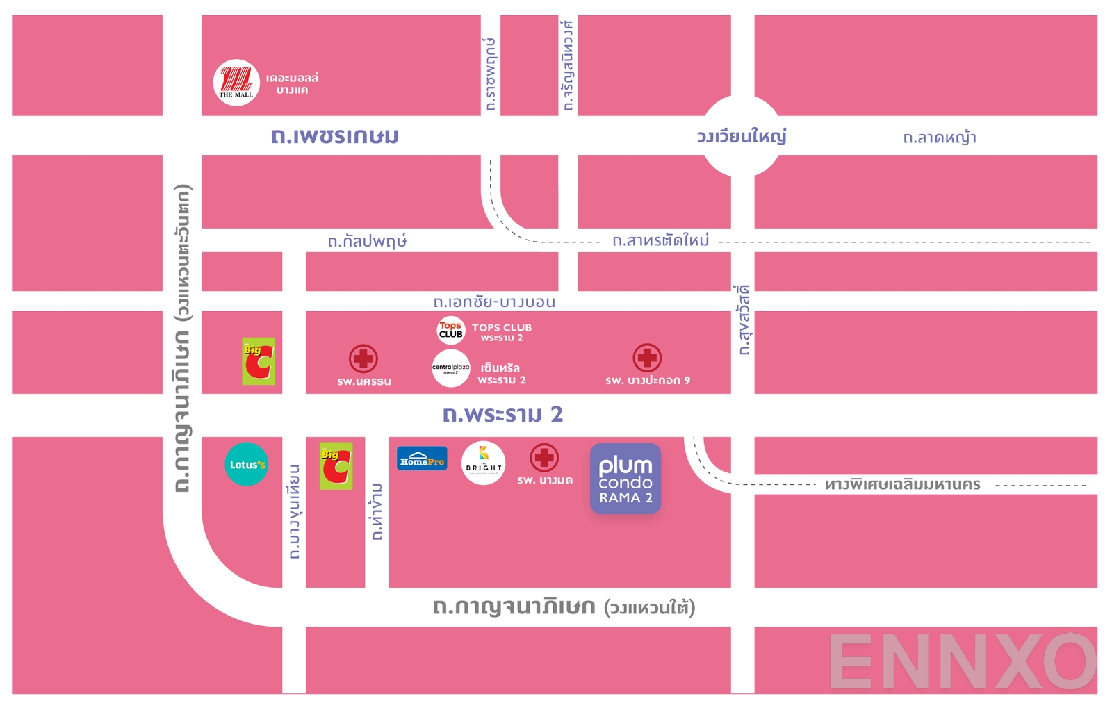 ภาพแผนที่แสดงที่ตั้งโครงการ พลัมคอนโด พระราม 2 และสถานที่โดยรอบ