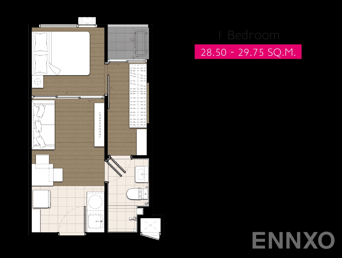 รูปแปลนห้อง 1 ห้องนอน ของโครงการ พลัม คอนโด สุขุมวิท 62